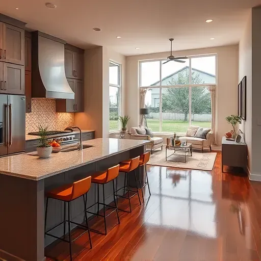 Updated kitchen in Fruit Cove FL with modern appliances, granite countertops, ambient lighting, and hardwood floors.