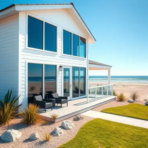 Completed home remodeling in Vilano Beach FL features a modern facade, panoramic windows, and lush landscaping.