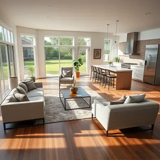 Modern living room in Penney Farms FL featuring elegant decor, sleek furniture, and open kitchen with natural light.