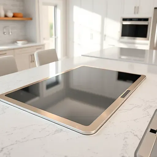 Seamless stainless steel cooktop installed in a modern kitchen with polished granite countertop and elegant backsplash