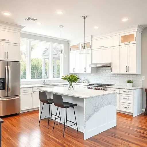 Remodeled kitchen in Jacksonville FL with sleek white cabinetry, granite countertops, and stainless steel appliances.