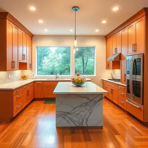Stylish modern kitchen in Palm Valley, FL with warm cabinetry, granite countertops, high-end appliances, and natural light.
