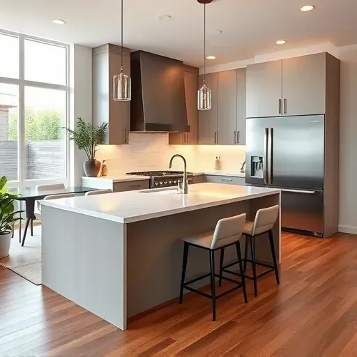 Modern Jacksonville kitchen with sleek cabinetry, quartz countertops, and elegant dining area under natural light.