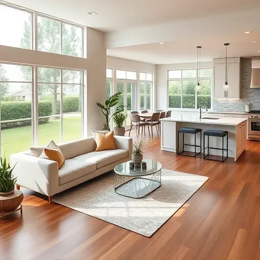 Modern living room remodel in Julington Creek FL with hardwood floors, large windows, and stylish decor elements.