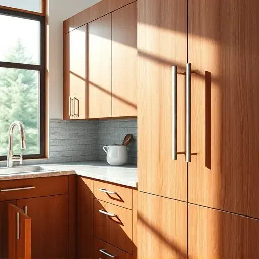 Modern kitchen with new sleek wooden cabinet handles illuminated by natural sunlight in a stylish, inviting space
