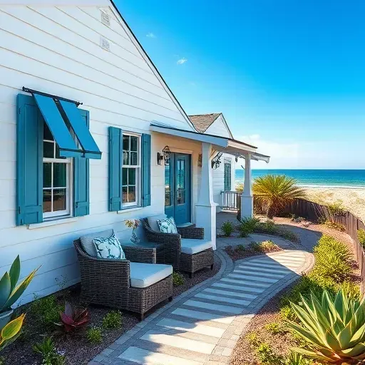 Coastal-style home in Atlantic Beach FL with shiplap siding, blue shutters, and a vibrant tropical garden.