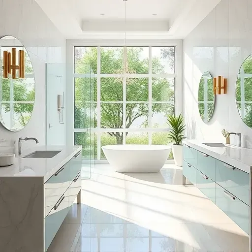 Remodeled Jacksonville bathroom with modern fixtures, frameless glass shower, freestanding tub, marble countertops and coastal touches