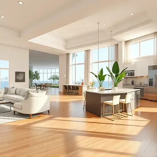 Completed home remodeling project in Amelia Island FL featuring open-concept living room, modern decor, and tropical touches.