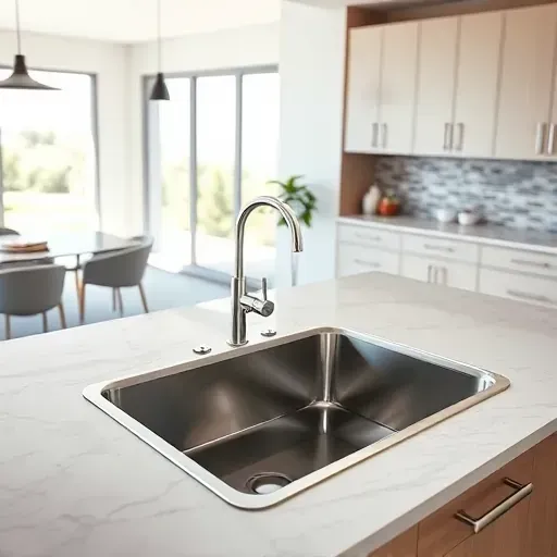 Perfectly installed stainless steel kitchen sink in a modern polished granite countertop with natural lighting in Jacksonville FL