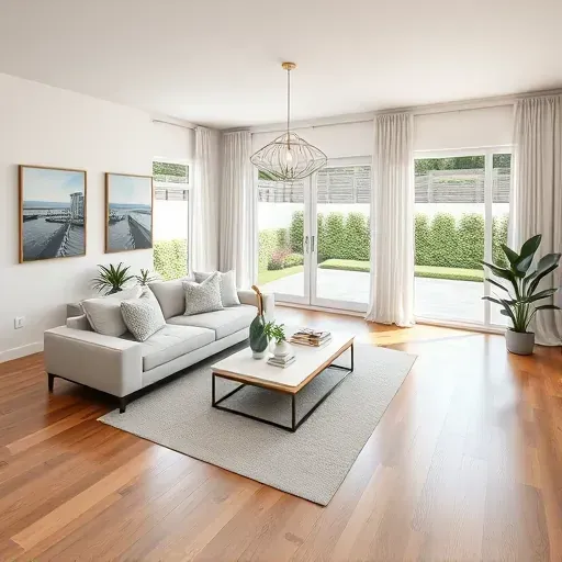 Modern Jacksonville living room with open spaces, wooden floors, coastal accents, and natural light, featuring elegant decor.