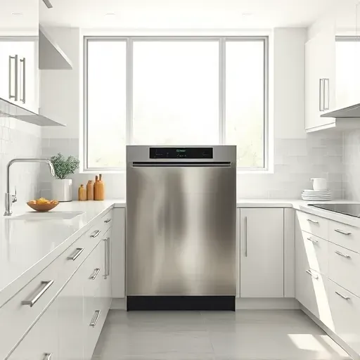 Newly installed stainless steel dishwasher in modern sleek kitchen with quartz countertops and minimalist design