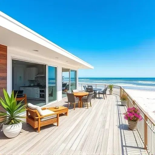 Modern coastal home remodel in Vilano Beach FL featuring stylish outdoor space and panoramic windows with beach views.