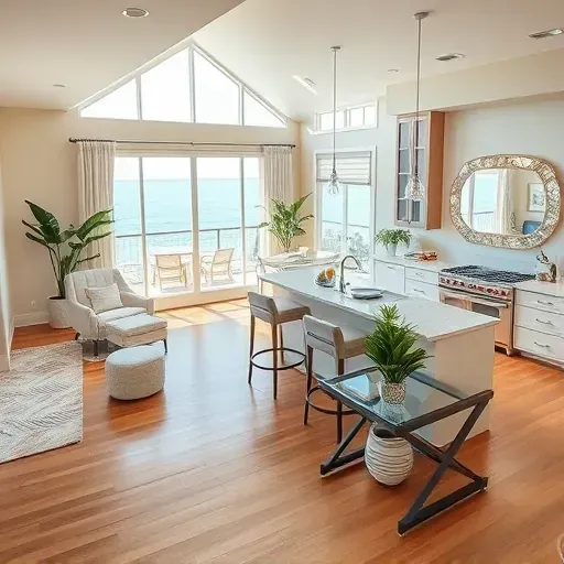 Elegant coastal interior of a remodeled home in Ponte Vedra Beach with open living space, modern kitchen, and serene decor.