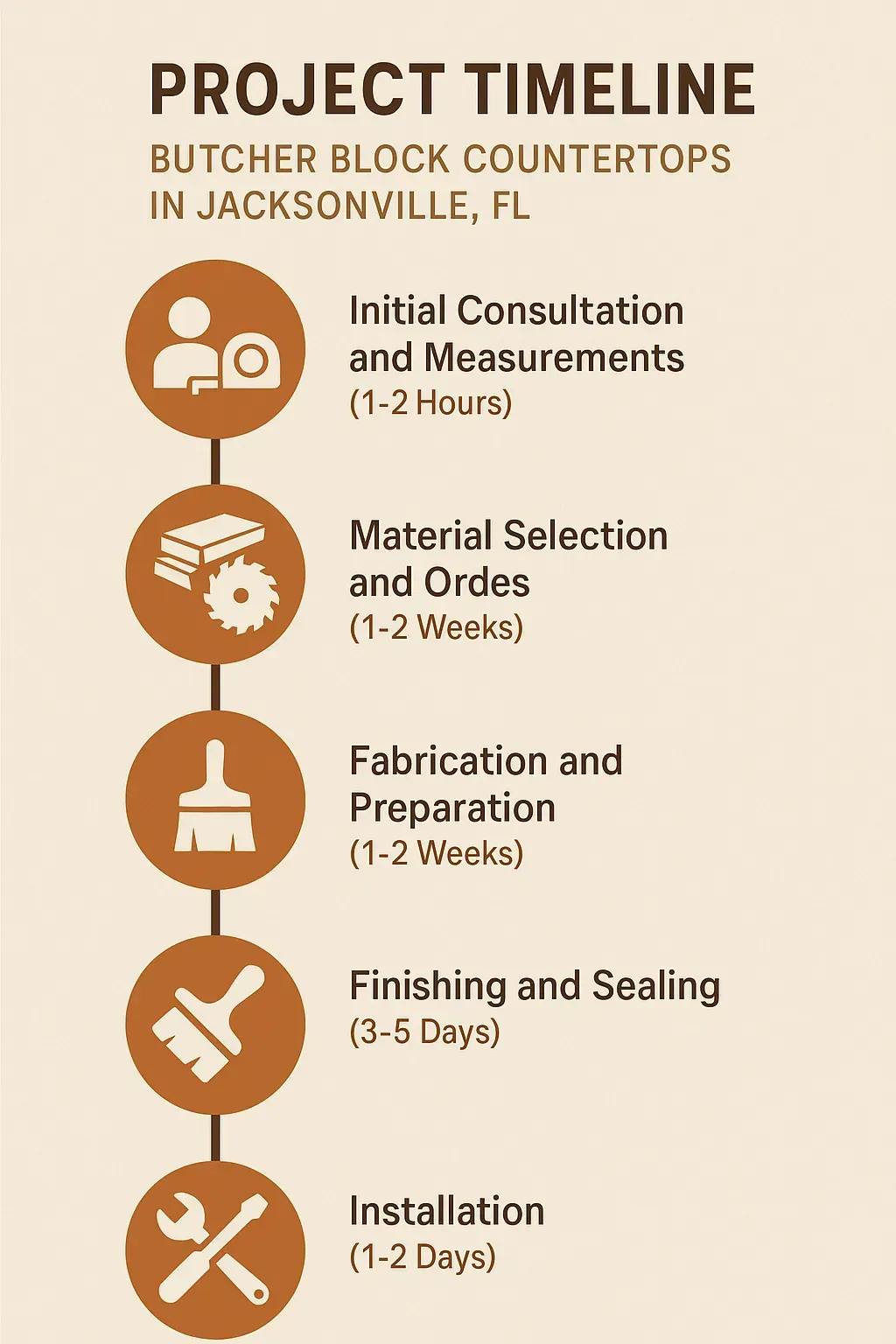 Infographic detailing a five-step project timeline for Butcher Block Countertops in Jacksonville, FL.