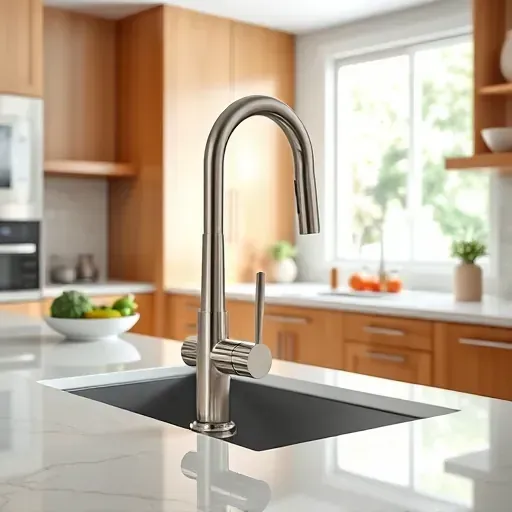 Recently installed modern stainless steel kitchen faucet with high-arc design on polished marble countertop in Jacksonville Florida