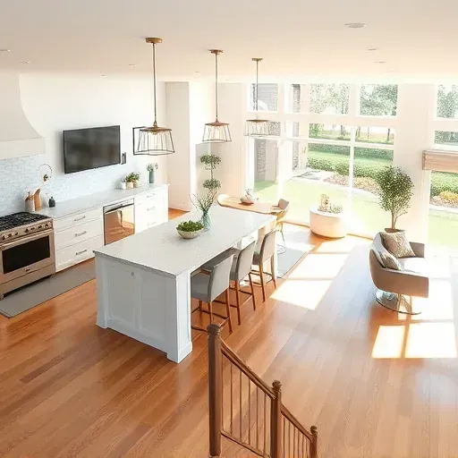 Modern living space in Hilliard FL featuring open floor plan, hardwood floors, sleek kitchen, and outdoor views.