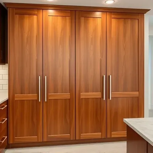 Refaced wooden kitchen cabinets with warm stain, sleek silver handles, marble countertop, and modern backsplash in Jacksonville