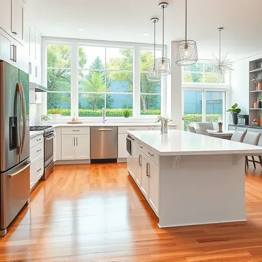 Renovated kitchen in Jacksonville FL with modern cabinetry, quartz island, pendant lighting, and large windows.