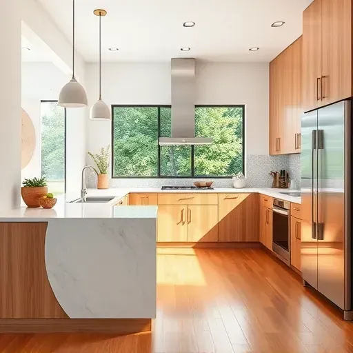 Modern Jacksonville kitchen with quartz countertops custom wood cabinets stainless appliances lush greenery view hardwood floors and mosaic backsplash