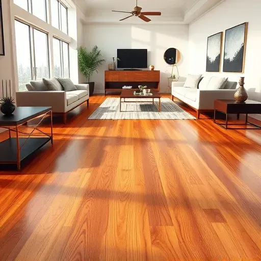 Freshly installed high-end hardwood flooring in a modern living room with natural sunlight, elegant furniture, and minimalist decor