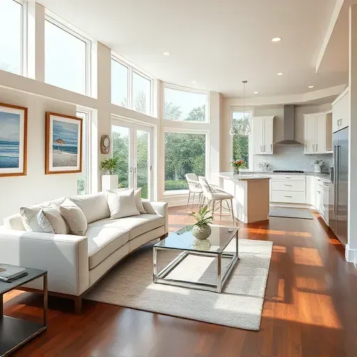 Modern St. Augustine Beach living room with large windows, elegant furniture, and a stylish kitchen in soft neutrals.