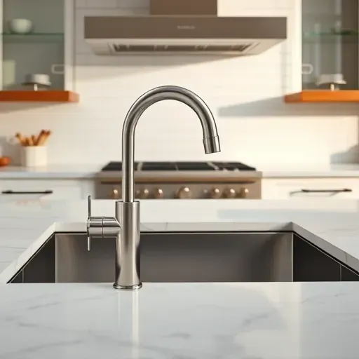 Modern upscale kitchen with sleek stainless steel faucet, marble countertop, glossy subway tile backsplash, and elegant lighting