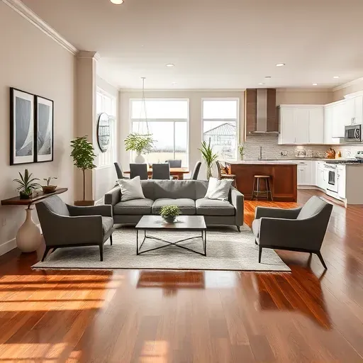 Modern Hilliard living room remodel with neutral walls, large windows, sleek furniture, and open kitchen design.
