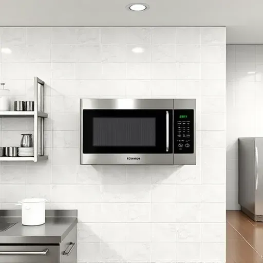 Recently installed sleek microwave mounted on polished wall in a bright professional Jacksonville kitchen with stainless steel and organized shelves.
