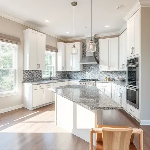Modern kitchen remodel in Orange Park FL with custom glossy cabinets, granite countertops, and elegant pendant lighting.
