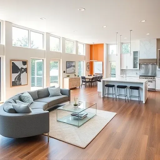 Home remodeling project showcasing a modern kitchen and living area in Jacksonville, FL with stylish decor.