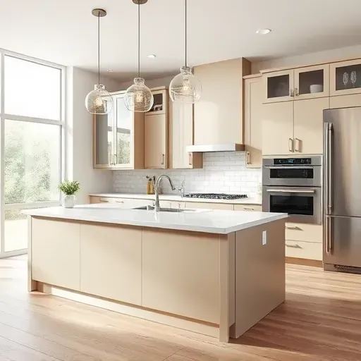 Remodeled Jacksonville kitchen island with modern matte cabinetry stainless steel appliances quartz countertop pendant lights subway tile backsplash and large windows