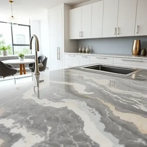 Polished granite kitchen countertop with elegant veins in gray white and gold tones in a modern bright kitchen