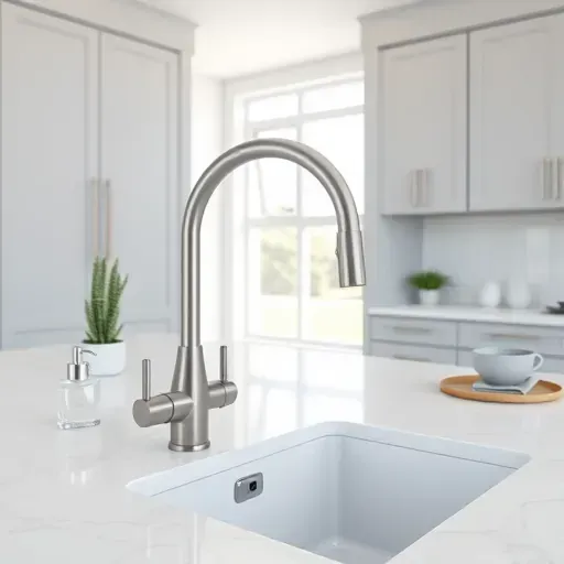 Modern Jacksonville kitchen with sleek stainless steel faucet, white marble countertop, minimalist gray cabinetry, and natural sunlight.
