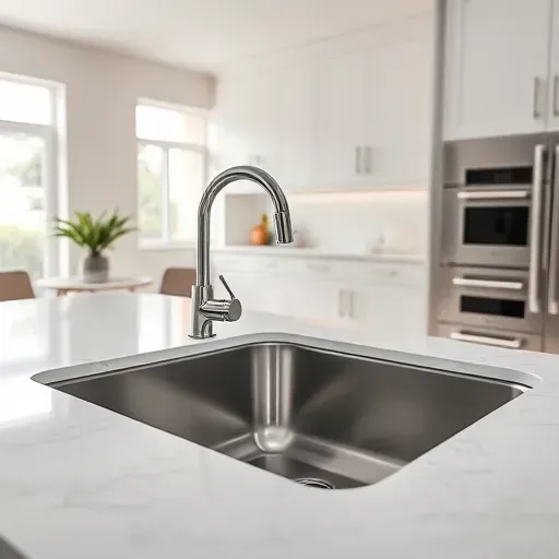 Finished stainless steel kitchen sink with modern faucet, quartz countertops, and sleek contemporary cabinetry in a bright Jacksonville home