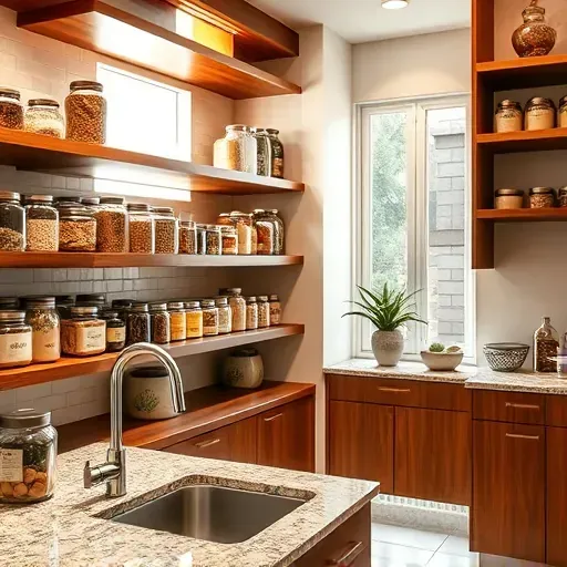 Organized walk-in pantry in Jacksonville FL with wooden shelves glass jars granite countertop potted plant natural light tiled backsplash