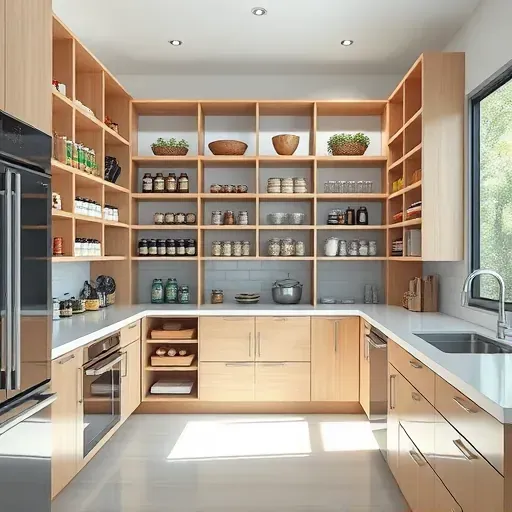 Modern Jacksonville pantry with light wood shelving, stainless steel accents, organized jars and baskets in bright sunlight