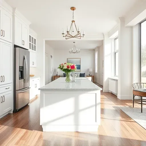 Modern Hilliard kitchen remodel with white cabinetry, granite island, and stainless appliances, featuring natural light.