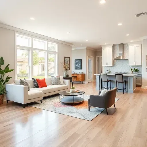 Modern living room in Orange Park FL with light hardwood floors, large windows, stylish decor, and open kitchen design.