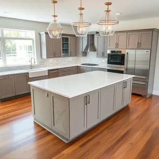 Remodeled Jacksonville kitchen with marble countertops stainless steel appliances pendant lighting custom cabinetry and wooden flooring