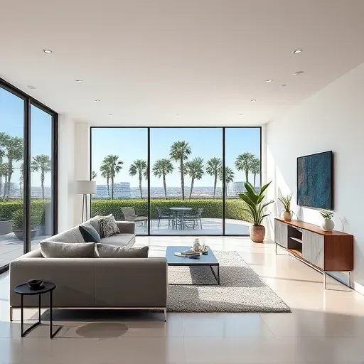Freshly completed recessed LED lighting in a modern Jacksonville living room with sleek furniture, natural sunlight, and scenic outdoor view