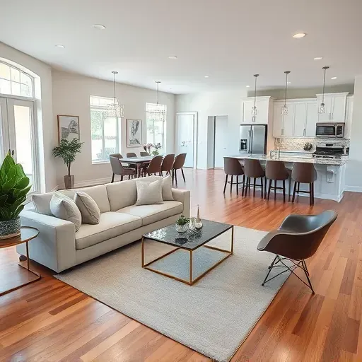 Modern Yulee FL living room with open layout, stylish furnishings, and seamless kitchen transition for home improvement appeal