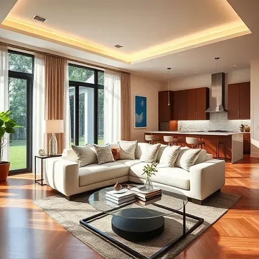Remodeled living room in Callahan, FL with modern design, high ceilings, hardwood floors, and a stylish sofa.