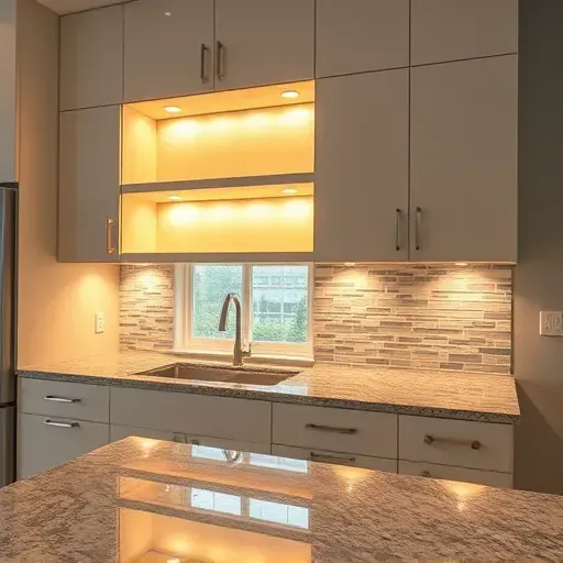 Modern Jacksonville kitchen with sleek matte cabinets and warm LED under cabinet lighting illuminating a polished granite countertop