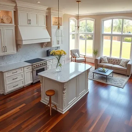 Stunning kitchen remodel in Lakeside, FL with elegant cabinetry, marble countertops, natural light, and rich hardwood flooring.