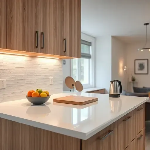 Freshly installed under cabinet lighting in a modern kitchen with minimalist wood cabinetry, warm LED glow, and stylish granite countertops