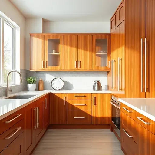 Freshly refaced cabinet interior in a modern bright kitchen with polished wood finishes and sleek hardware