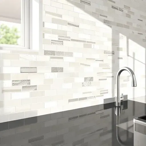 Freshly completed modern kitchen tile backsplash with glossy white gray mosaic tiles, sleek dark quartz countertop and stainless steel appliances