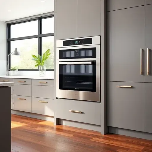 Built-in stainless steel oven integrated into modern custom matte cabinetry in a high-end Jacksonville kitchen with quartz countertops and hardwood flooring
