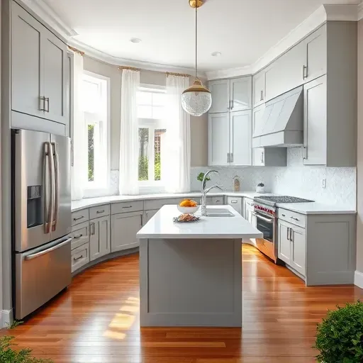 Modern kitchen in World Golf Village FL with gray cabinetry, marble countertop, and natural light from large windows.