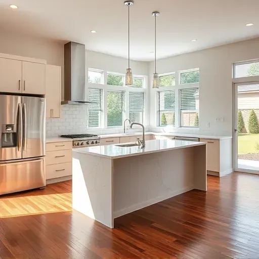 Completed kitchen remodel in Jacksonville FL, featuring modern cabinetry, polished quartz island, and abundant natural light.